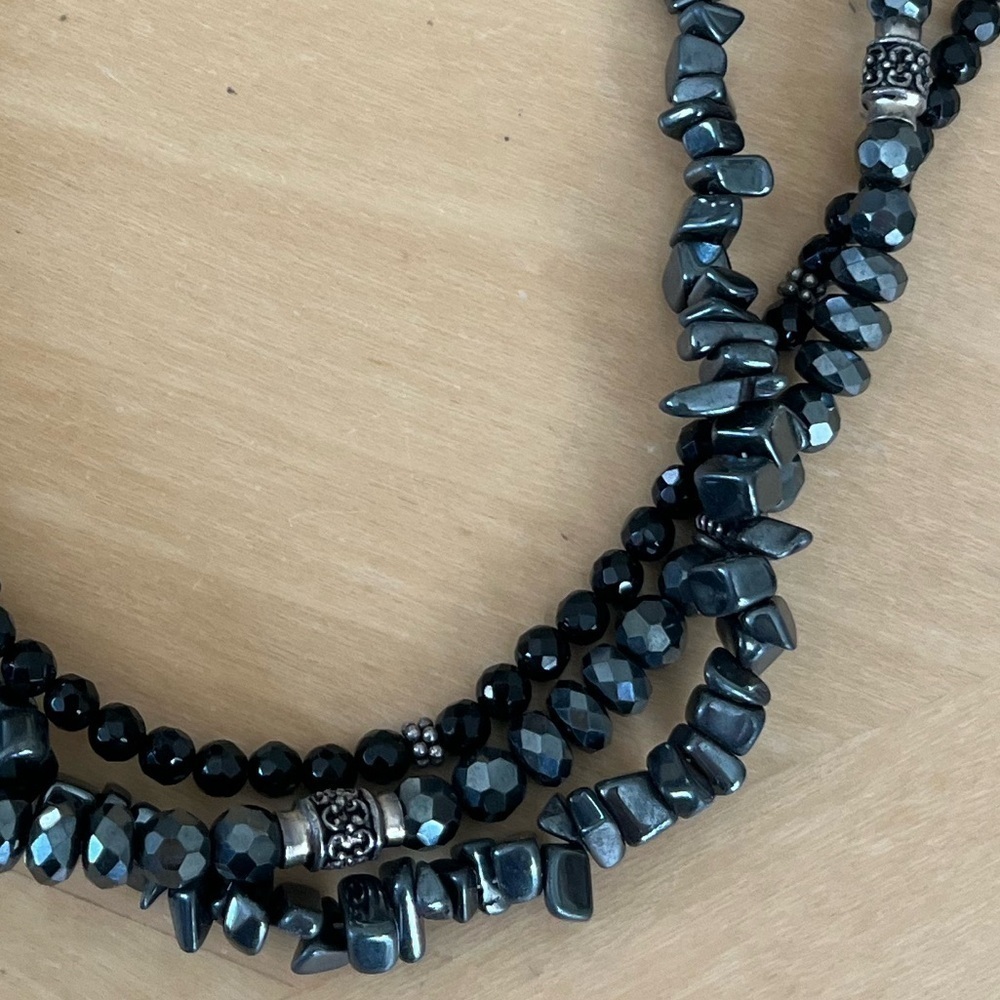 Black 3 Strand Necklace with Silver Tone Accents - Picture 16 of 16